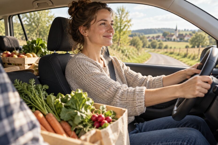 Une conductrice sourit au volant, avec des cagettes de légumes frais à l'arrière de la voiture