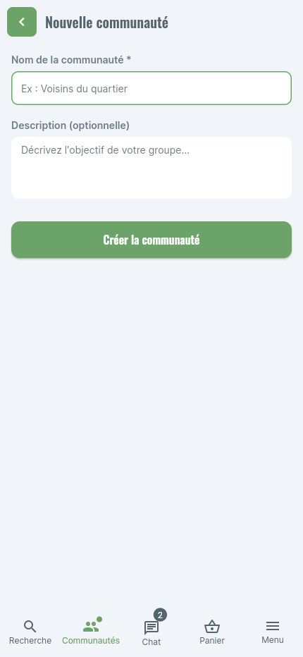 Écran de création d'une nouvelle communauté dans l'application