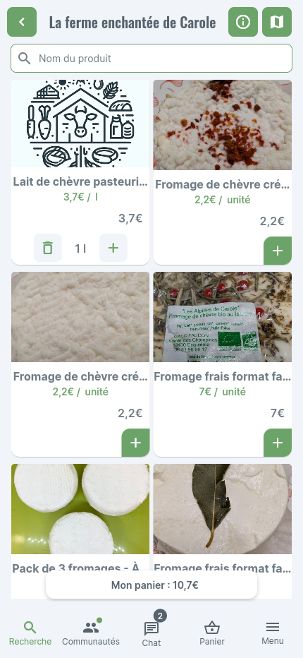 Catalogue des produits disponibles chez un producteur, avec ajout au panier
