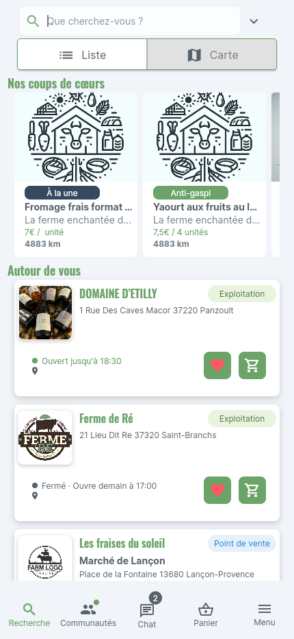 Écran de recherche et découverte des producteurs dans l'application Frais Pour Vous