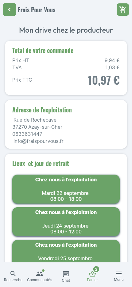 Récapitulatif de commande avec les lieux et créneaux de retrait proposés par le producteur
